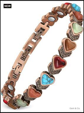 Magnetic Copper Bracelet with Turquoise Stones - Adjustable, Hypoallergenic,